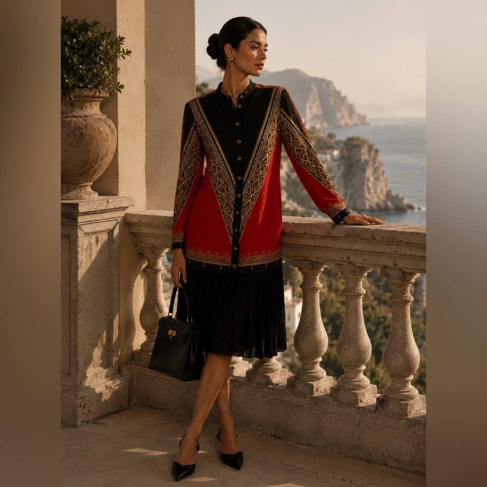 VNTG 80s Red Black‎ Long Sleeves Scarf Dress 12 USA Made retro bodice elegant